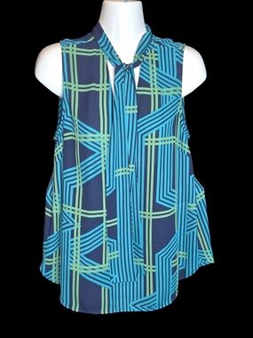 Halogen Geometric Tie-Neck Sleeveless Blouse in Navy, Teal & Lime Green